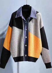 Loose Colorblock Peter Pan Collar Patchwork Knit Cardigans Fall