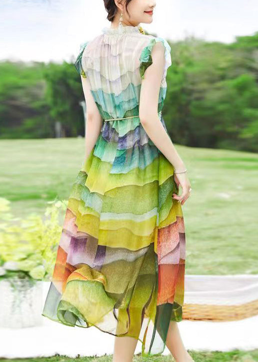 Loose Colorblock Print Ruffled Lace Up Silk Dress Sleeveless