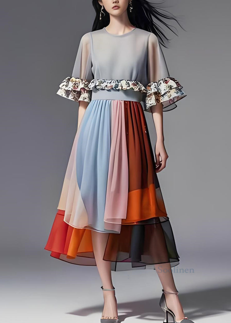 Loose Colorblock Ruffled Organza Patchwork Chiffon Long Dresses Summer