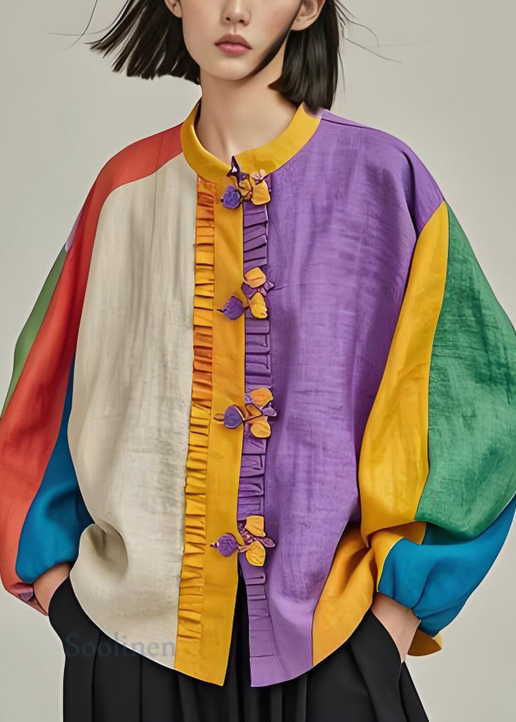 Loose Colorblock Ruffled Patchwork Cotton Coat Lantern Sleeve