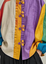 Loose Colorblock Ruffled Patchwork Cotton Coat Lantern Sleeve