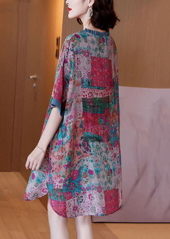 Loose Colorblock Ruffled Print Patchwork Linen Mid Dresses Summer