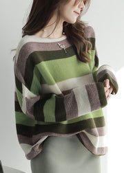 Loose Colorblock Slash Neck Striped Knit Sweater Spring