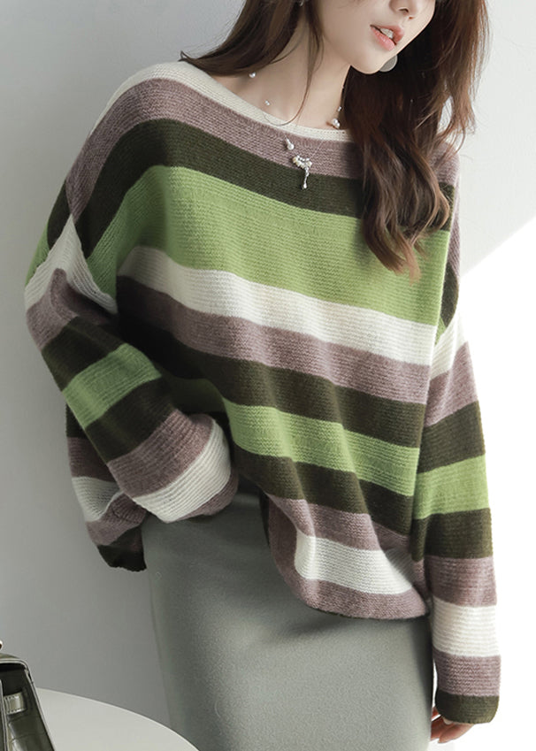 Loose Colorblock Slash Neck Striped Knit Sweater Spring