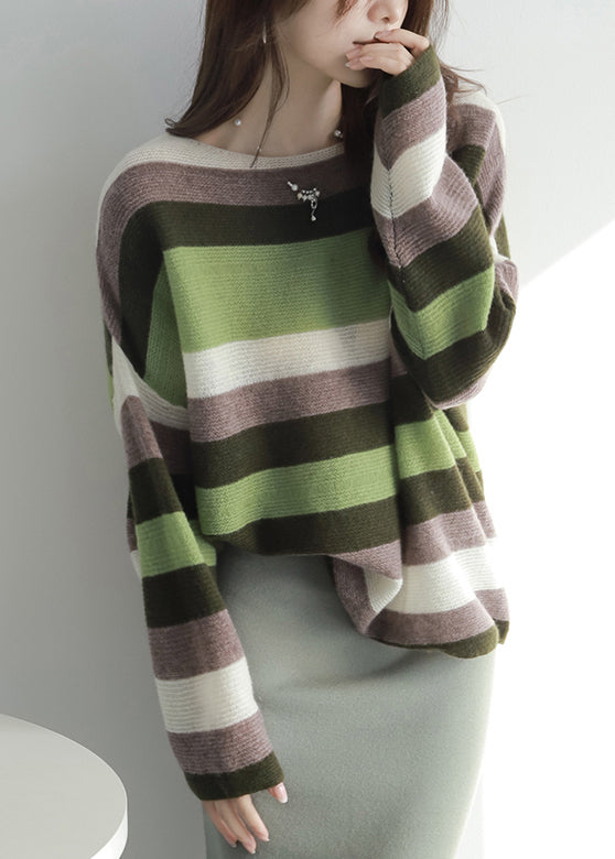 Loose Colorblock Slash Neck Striped Knit Sweater Spring