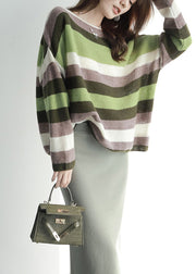 Loose Colorblock Slash Neck Striped Knit Sweater Spring