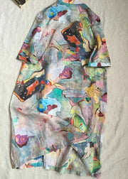 Loose Colorblock Stand Collar Button Print Cotton Dress Half Sleeve