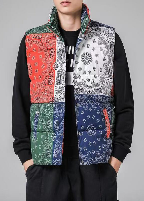 Loose Colorblock Stand Collar Pockets Cotton Filled Men Waistcoat Winter