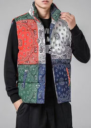 Loose Colorblock Stand Collar Pockets Cotton Filled Men Waistcoat Winter