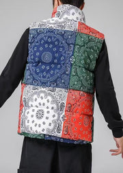 Loose Colorblock Stand Collar Pockets Cotton Filled Men Waistcoat Winter