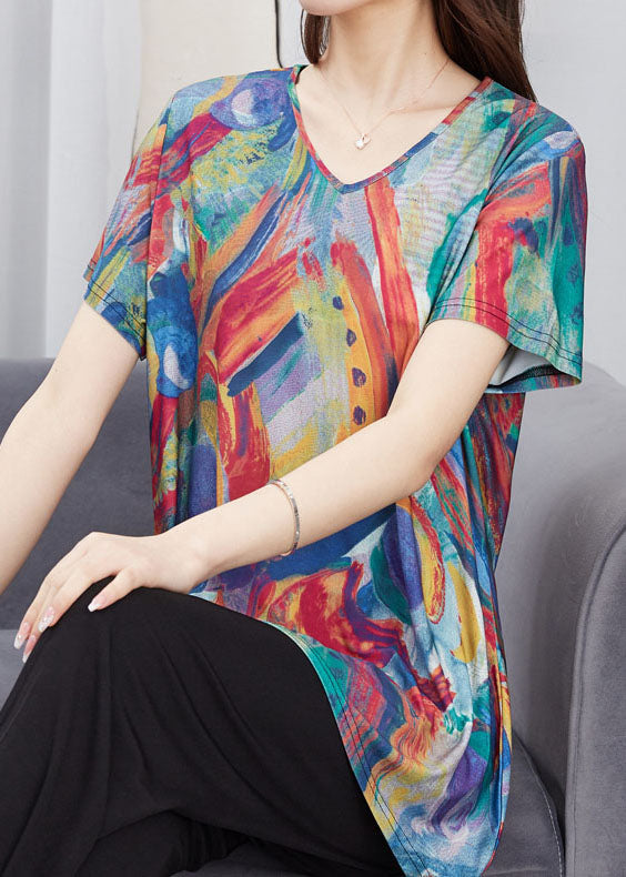 Loose Colorblock V Neck Patchwork Cotton T Shirt Top Summer