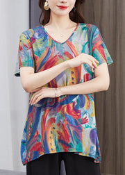 Loose Colorblock V Neck Patchwork Cotton T Shirt Top Summer