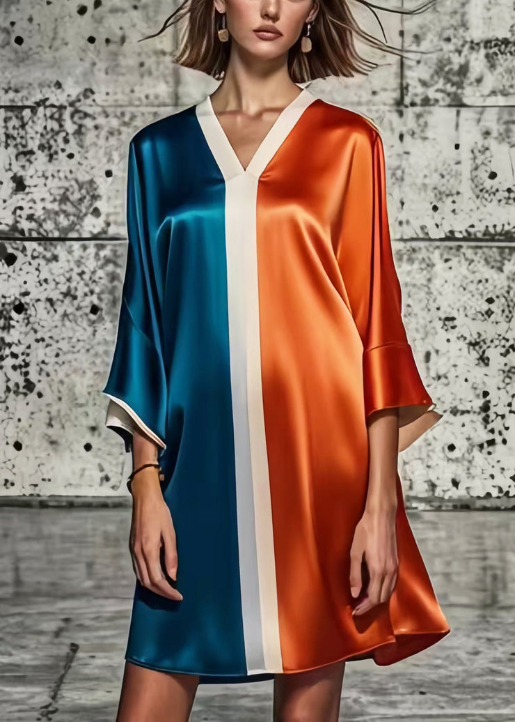 Loose Colorblock V Neck Patchwork Silk Mini Dresses Summer