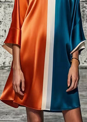 Loose Colorblock V Neck Patchwork Silk Mini Dresses Summer