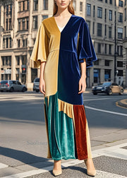 Loose Colorblock V Neck Patchwork Velvet Dress Butterfly Sleeve