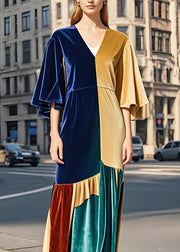 Loose Colorblock V Neck Patchwork Velvet Dress Butterfly Sleeve