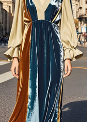 Loose Colorblock V Neck Patchwork Velvet Long Dress Fall