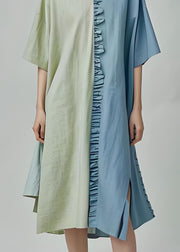 Loose Colorblock V Neck Ruffled Cotton Dresses Summer