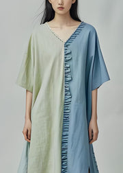 Loose Colorblock V Neck Ruffled Cotton Dresses Summer