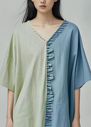 Loose Colorblock V Neck Ruffled Cotton Dresses Summer