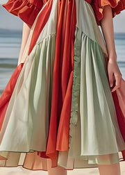 Loose Colorblock V Neck Wrinkled Patchwork Cotton Dress Butterfly Sleeve