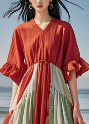 Loose Colorblock V Neck Wrinkled Patchwork Cotton Dress Butterfly Sleeve