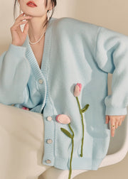 Loose Cozy Blue V Neck Floral Knit Cardigan Spring