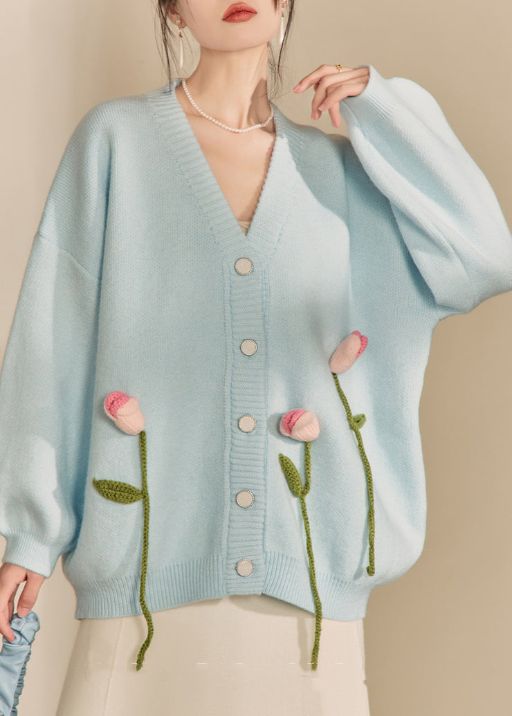 Loose Cozy Blue V Neck Floral Knit Cardigan Spring