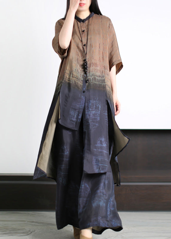 Loose Dark Blue Asymmetrical Patchwork Silk Long Shirts And Wide Leg Pants Two Piece Set Half Sleeve