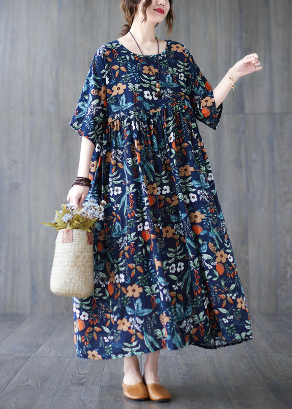 Loose Dark Blue O-Neck Print Wrinkled Robe Dresses Short Sleeve