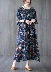 Loose Dark Blue O-Neck Print Wrinkled Robe Dresses Short Sleeve