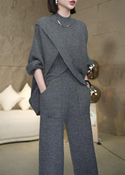 Loose Dark Gray Asymmetrical Sweaters And Pants Knit Two Piece Set Winter