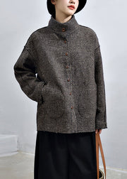 Loose Dark Gray Button Pockets Patchwork Cashmere Coats Fall