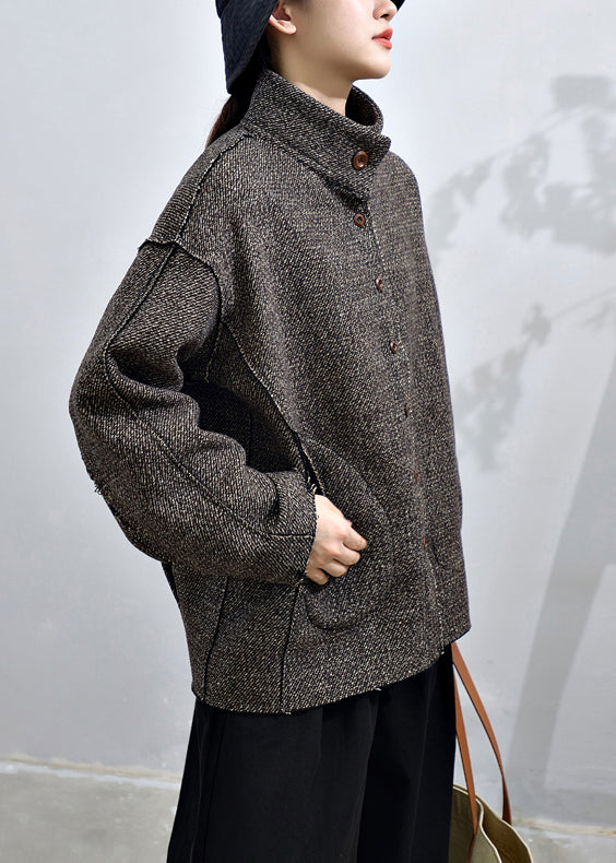 Loose Dark Gray Button Pockets Patchwork Cashmere Coats Fall