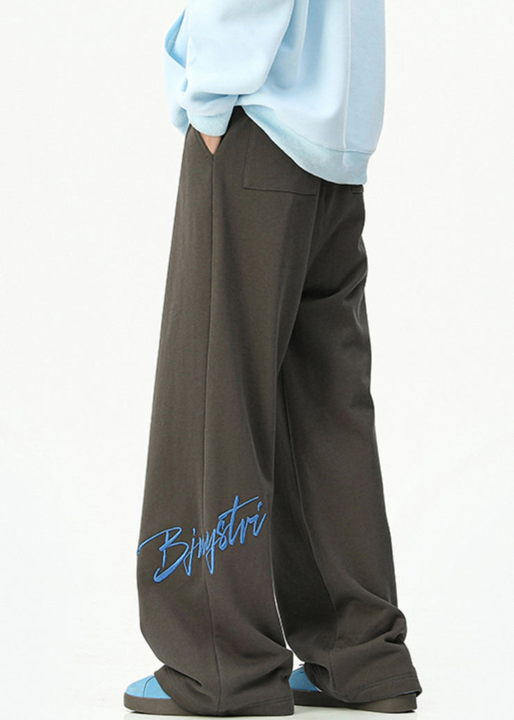 Loose Dark Gray Embroideried Pockets Cotton Mens Wide Leg Pants Spring