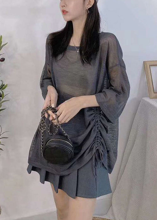 Loose Dark Gray Lace Up Cozy Ice Silk Knit Top Half Sleeve