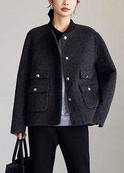 Loose Dark Gray O Neck Button Woolen Coats Spring