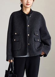 Loose Dark Gray O Neck Button Woolen Coats Spring