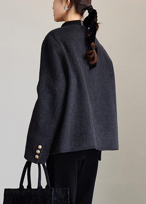 Loose Dark Gray O Neck Button Woolen Coats Spring