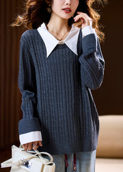 Loose Dark Gray Peter Pan Collar Patchwork Knit Sweater Spring