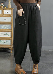 Loose Dark Gray Pockets Elastic Waist Thick Crop Pants Winter