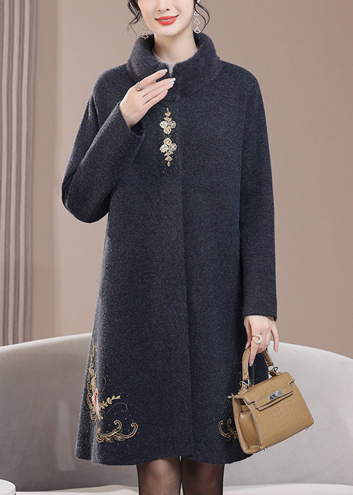 Loose Dark Gray Stand Collar Zircon Pockets Wool Coats Spring