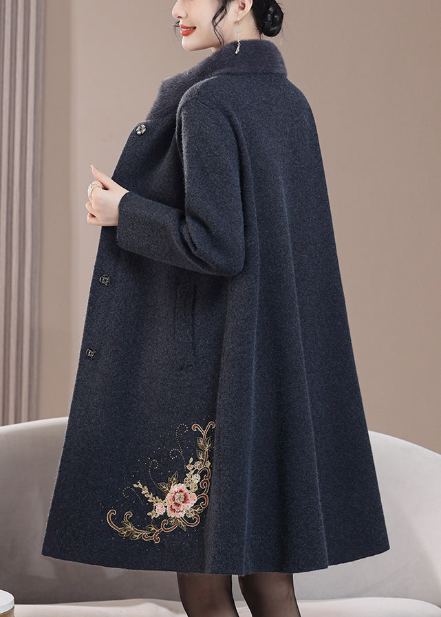 Loose Dark Gray Stand Collar Zircon Pockets Wool Coats Spring