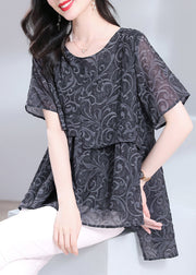 Loose Dark Grey O Neck Print Low High Design Patchwork T Shirt Summer