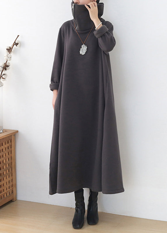 Loose Dark Grey Turtleneck Zippered Cotton Maxi Dress Long Sleeve