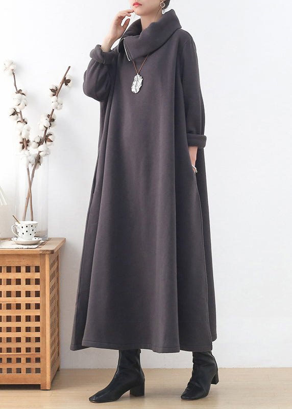 Loose Dark Grey Turtleneck Zippered Cotton Maxi Dress Long Sleeve