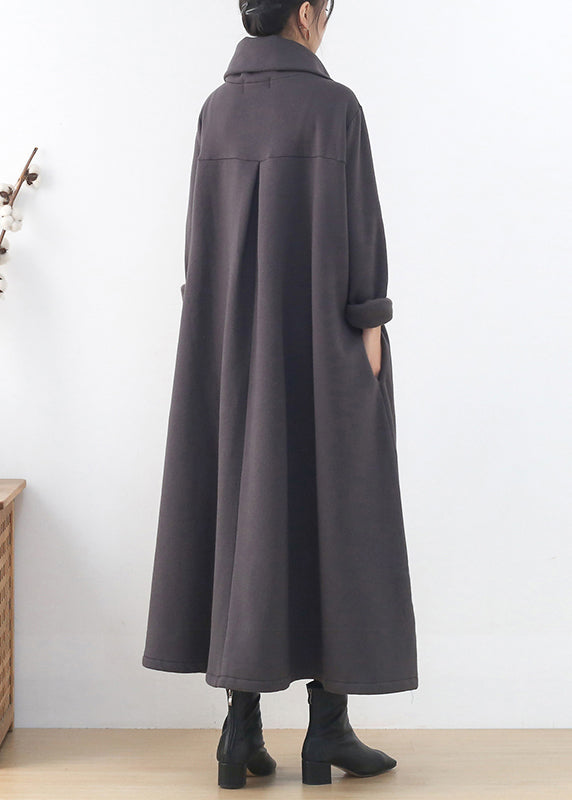 Loose Dark Grey Turtleneck Zippered Cotton Maxi Dress Long Sleeve