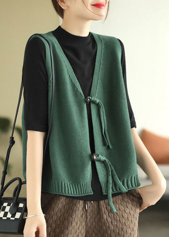 Loose Dark Khaki V Neck Button Knit Waistcoat Sleeveless