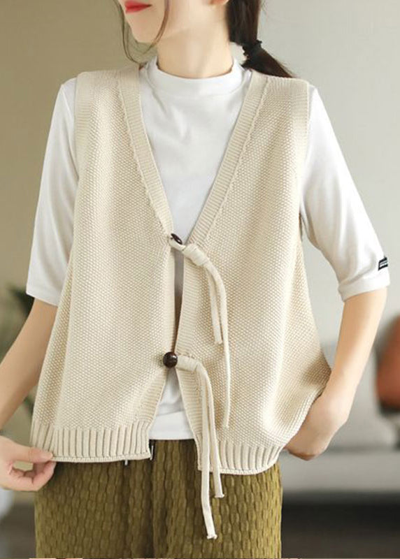 Loose Dark Khaki V Neck Button Knit Waistcoat Sleeveless