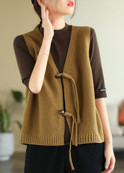 Loose Dark Khaki V Neck Button Knit Waistcoat Sleeveless